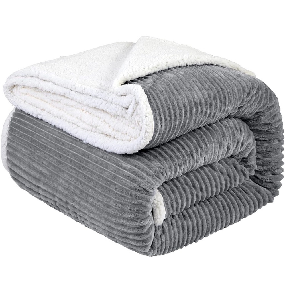 LBRO2M Striped Sherpa Fleece Super Soft Bed Blanket Queen Size